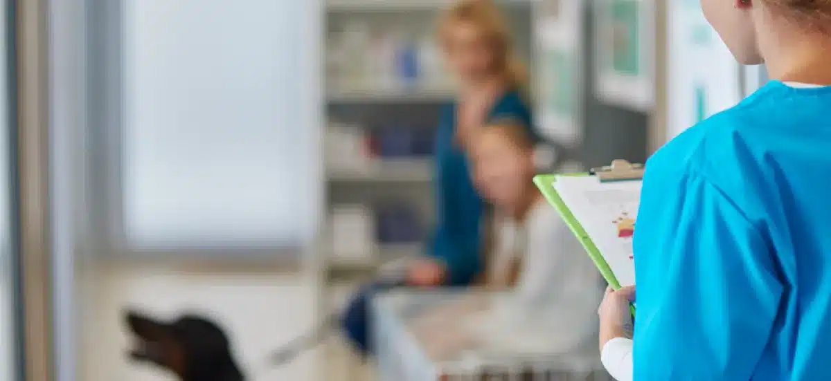 Professionnelle de santé tenant un dossier, chien en arrière-plan dans un cabinet vétérinaire