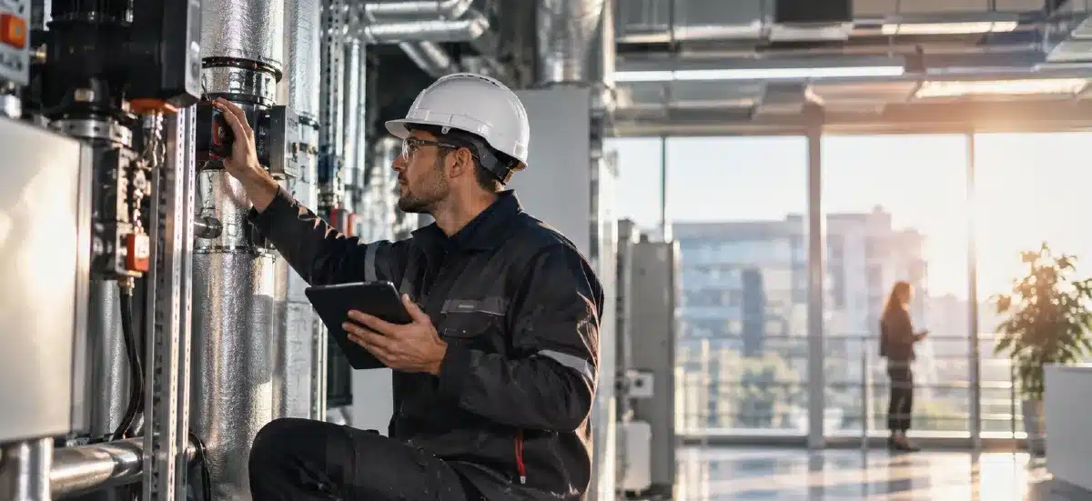 Technicien en casque de chantier inspectant une installation technique dans un bâtiment