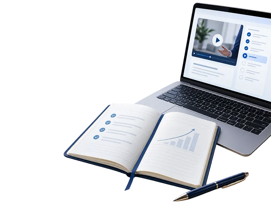 Ordinateur portable et carnet ouvert affichant une check-list et une courbe de progression