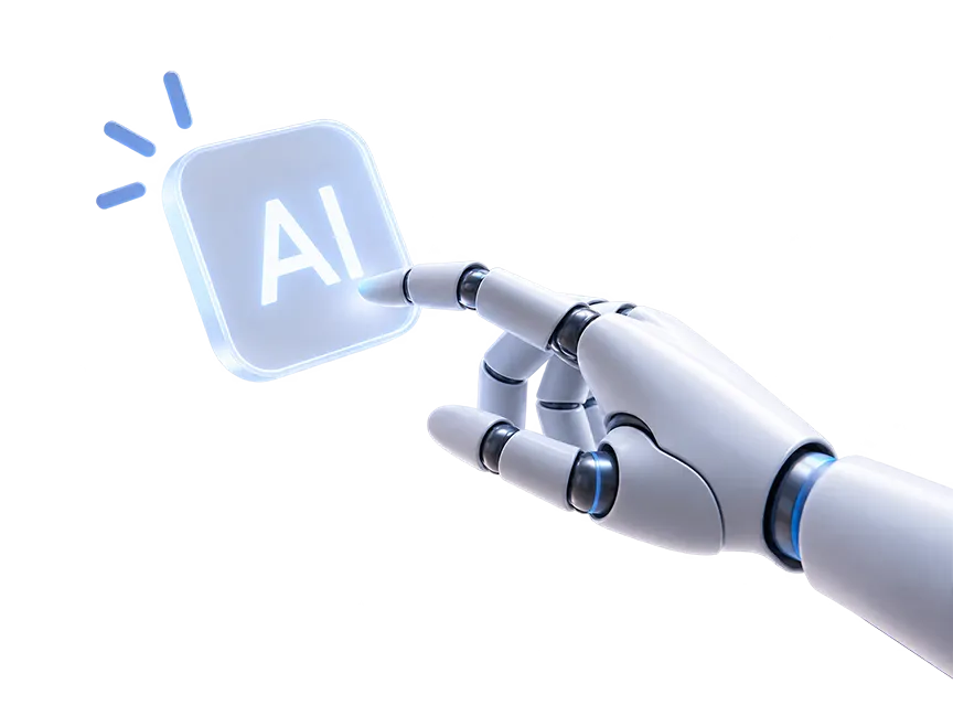 Main robotisée touchant une icône lumineuse marquée AI