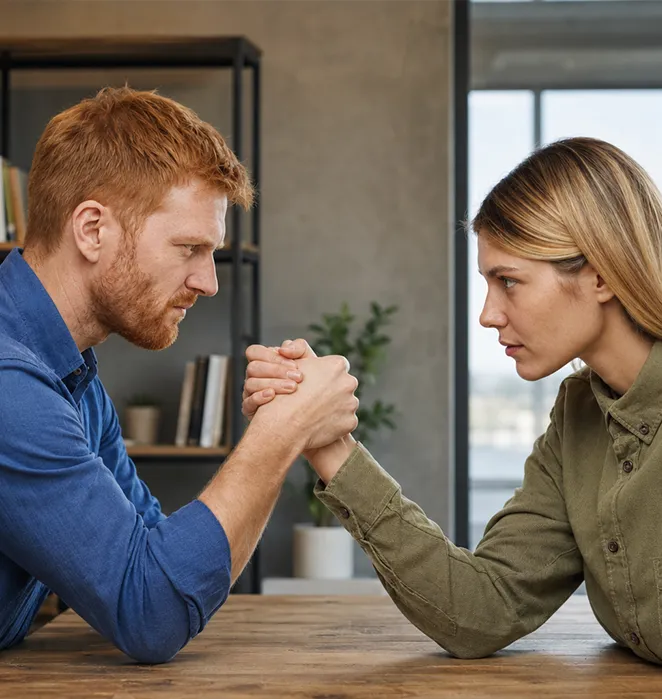 Un homme et une femme en bras de fer de part et d'autre d'une table