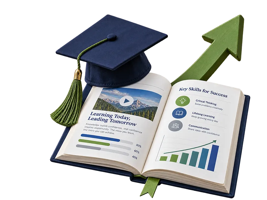 Livre ouvert surmonté d'une toque de diplômé et d'une flèche de progression