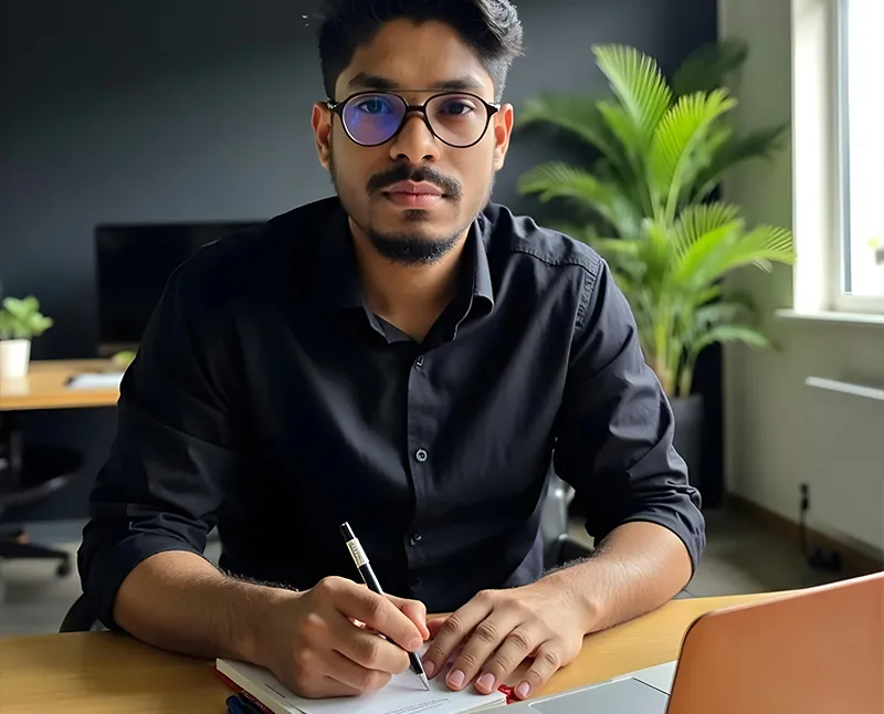 Homme à lunettes prenant des notes à son bureau