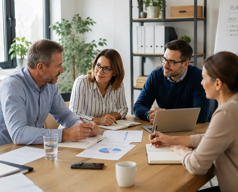 Quatre personnes en réunion de travail autour d'une table, graphiques et paperboard