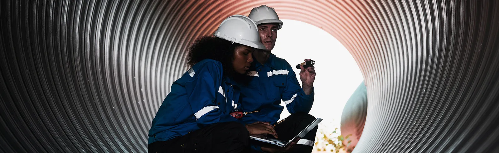 Deux techniciens casqués inspectant l'intérieur d'une canalisation