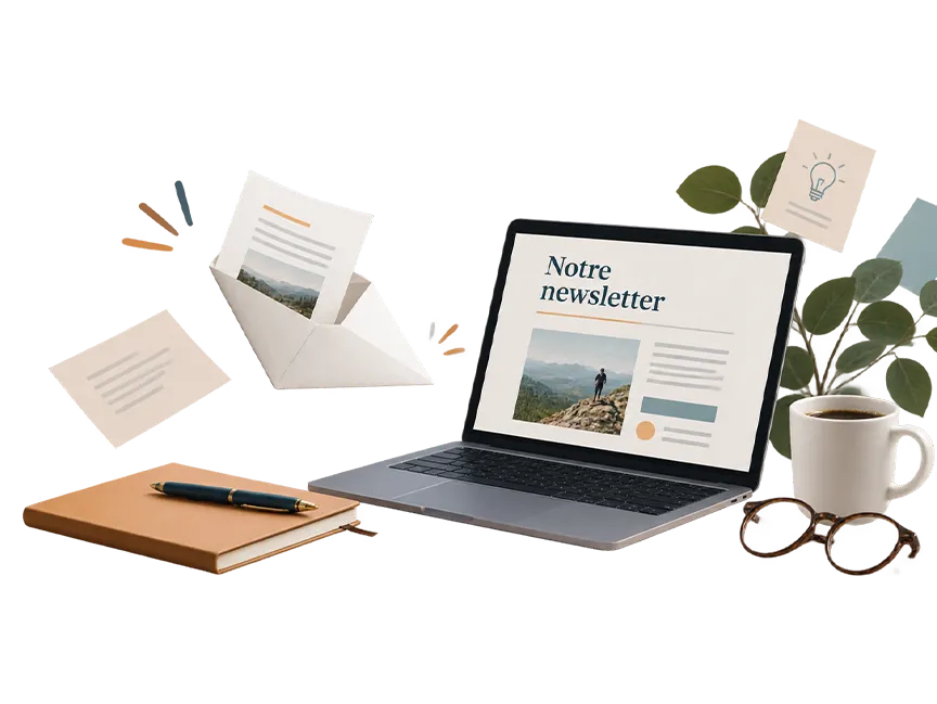 Ordinateur portable affichant Notre newsletter entouré d'enveloppes et de notes