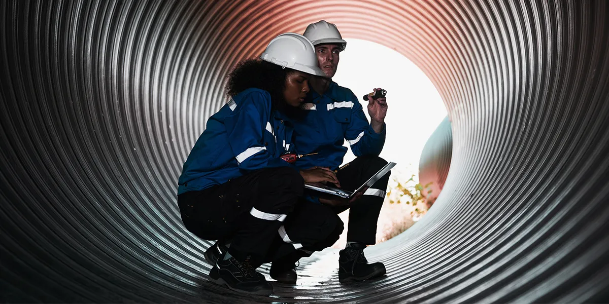 Deux techniciens casqués inspectant l'intérieur d'une canalisation